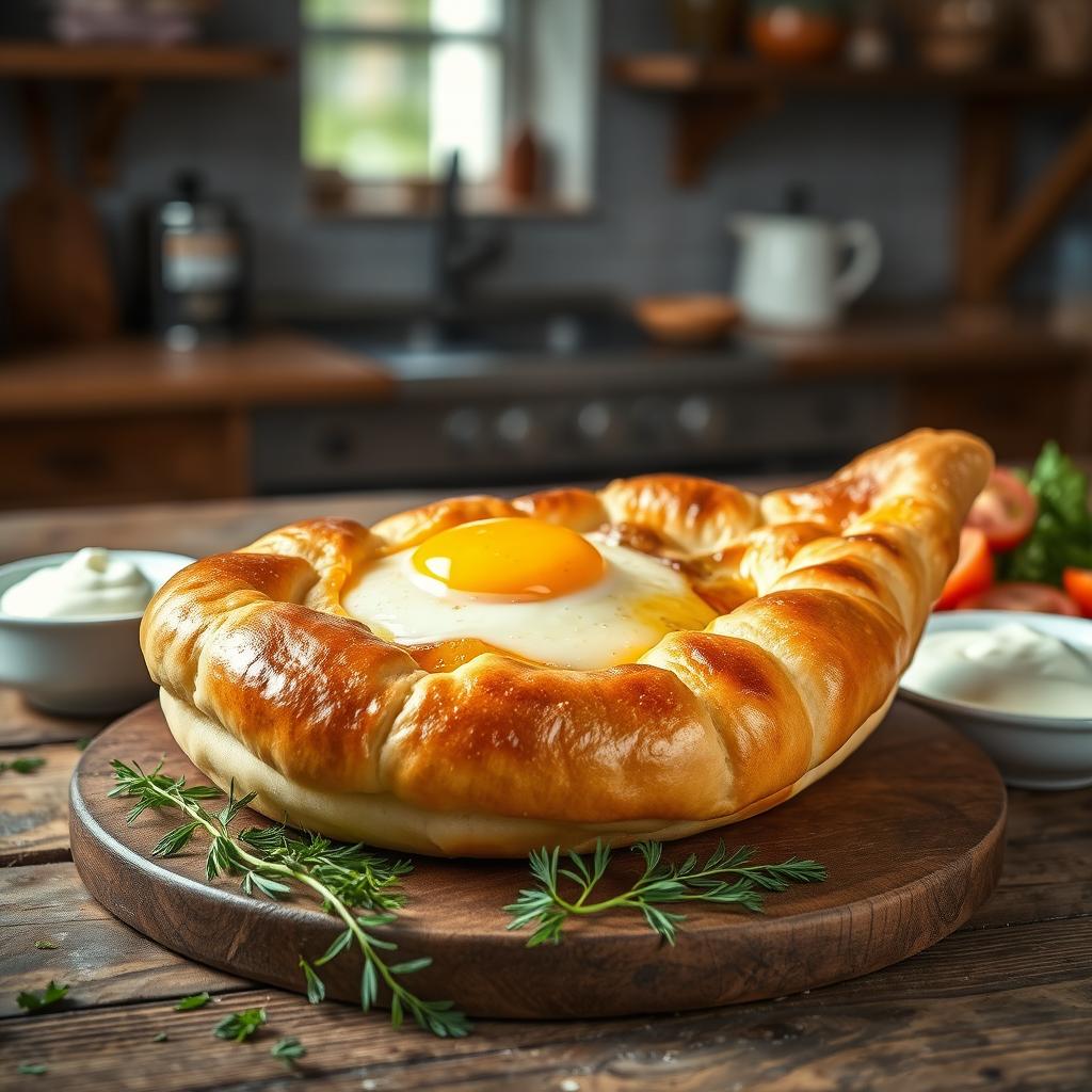 A beautifully styled Adjaruli khachapuri, a traditional Georgian cheese bread, shaped like a boat and filled with a gooey mixture of melting cheese, butter, and an egg cracked on top, sitting on a rustic wooden table