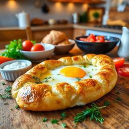 A beautifully styled Adjaruli khachapuri, a traditional Georgian cheese bread, shaped like a boat and filled with a gooey mixture of melting cheese, butter, and an egg cracked on top, sitting on a rustic wooden table