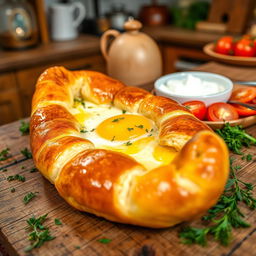 A beautifully styled Adjaruli khachapuri, a traditional Georgian cheese bread, shaped like a boat and filled with a gooey mixture of melting cheese, butter, and an egg cracked on top, sitting on a rustic wooden table