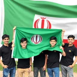 Six teenage boys from Iran wearing black shirts, proudly holding a large green flag