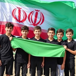 Six teenage boys from Iran wearing black shirts, proudly holding a large green flag