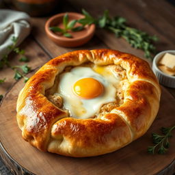 A beautifully styled Adjaruli khachapuri, the traditional Georgian cheese bread shaped like a boat