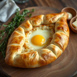 A beautifully styled Adjaruli khachapuri, the traditional Georgian cheese bread shaped like a boat