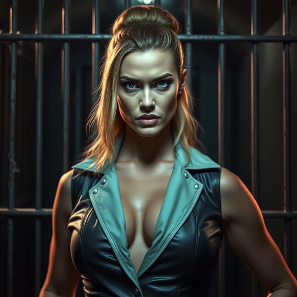 A strong, confident woman in a prison setting, wearing a stylish and alluring outfit, exuding power and attitude