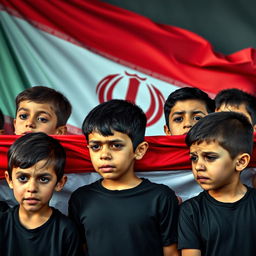 Six Iranian teenage boys wearing black shirts, tears streaming down their faces, holding a large red flag