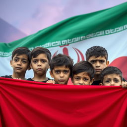 Six Iranian teenage boys wearing black shirts, tears streaming down their faces, holding a large red flag