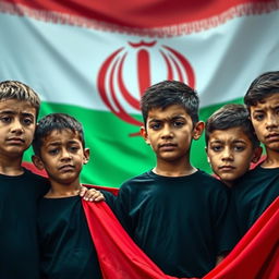 Six Iranian teenage boys wearing black shirts, tears streaming down their faces, holding a large red flag