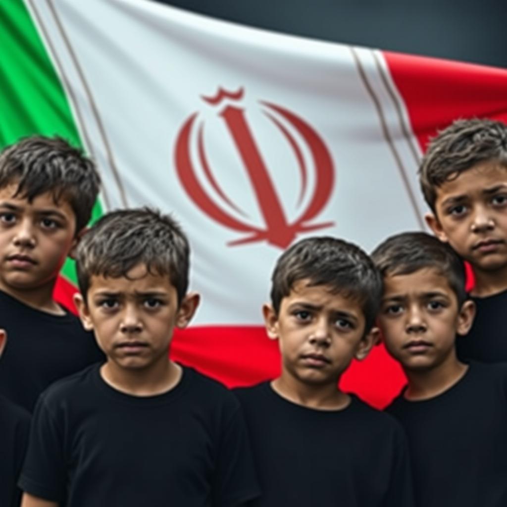 Six Iranian teenage boys wearing black shirts, tears streaming down their faces, holding a large red flag