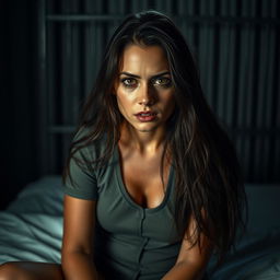 A striking portrait of a female prisoner, sitting on a bed in a dimly lit cell, with her long, flowing hair disheveled