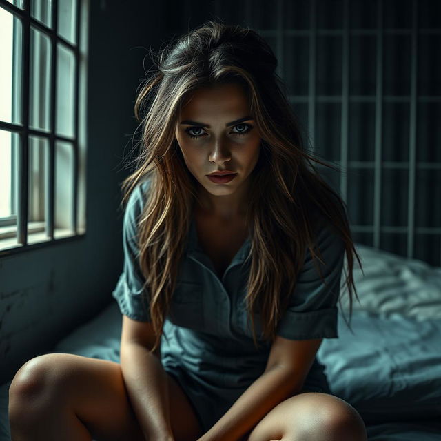 A striking portrait of a female prisoner, sitting on a bed in a dimly lit cell, with her long, flowing hair disheveled