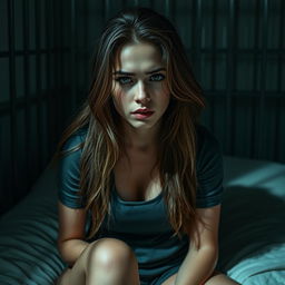 A striking portrait of a female prisoner, sitting on a bed in a dimly lit cell, with her long, flowing hair disheveled