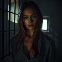 A dramatic scene featuring a beautiful young woman in a prison cell, her face glistening with tears as she expresses sadness and vulnerability