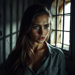 A dramatic scene featuring a beautiful young woman in a prison cell, her face glistening with tears as she expresses sadness and vulnerability