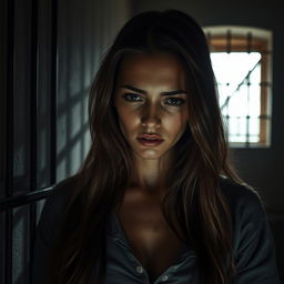 A dramatic scene featuring a beautiful young woman in a prison cell, her face glistening with tears as she expresses sadness and vulnerability