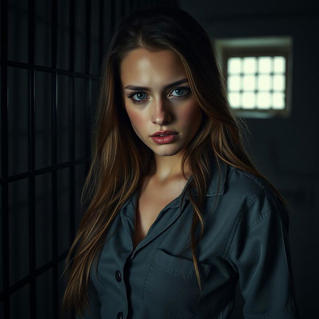 A dramatic scene featuring a beautiful young woman in a prison cell, her face glistening with tears as she expresses sadness and vulnerability