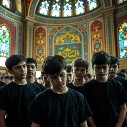 An engaging and dynamic scene depicting several sad teenage boys wearing black shirts, capturing their emotional expressions as they cry in an Iranian mosque