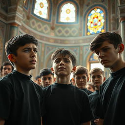 An engaging and dynamic scene depicting several sad teenage boys wearing black shirts, capturing their emotional expressions as they cry in an Iranian mosque
