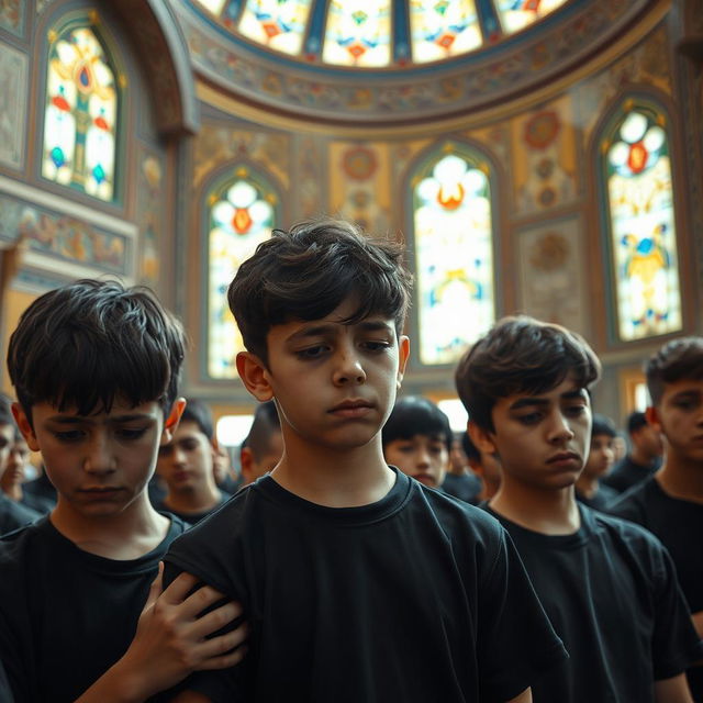An engaging and dynamic scene depicting several sad teenage boys wearing black shirts, capturing their emotional expressions as they cry in an Iranian mosque