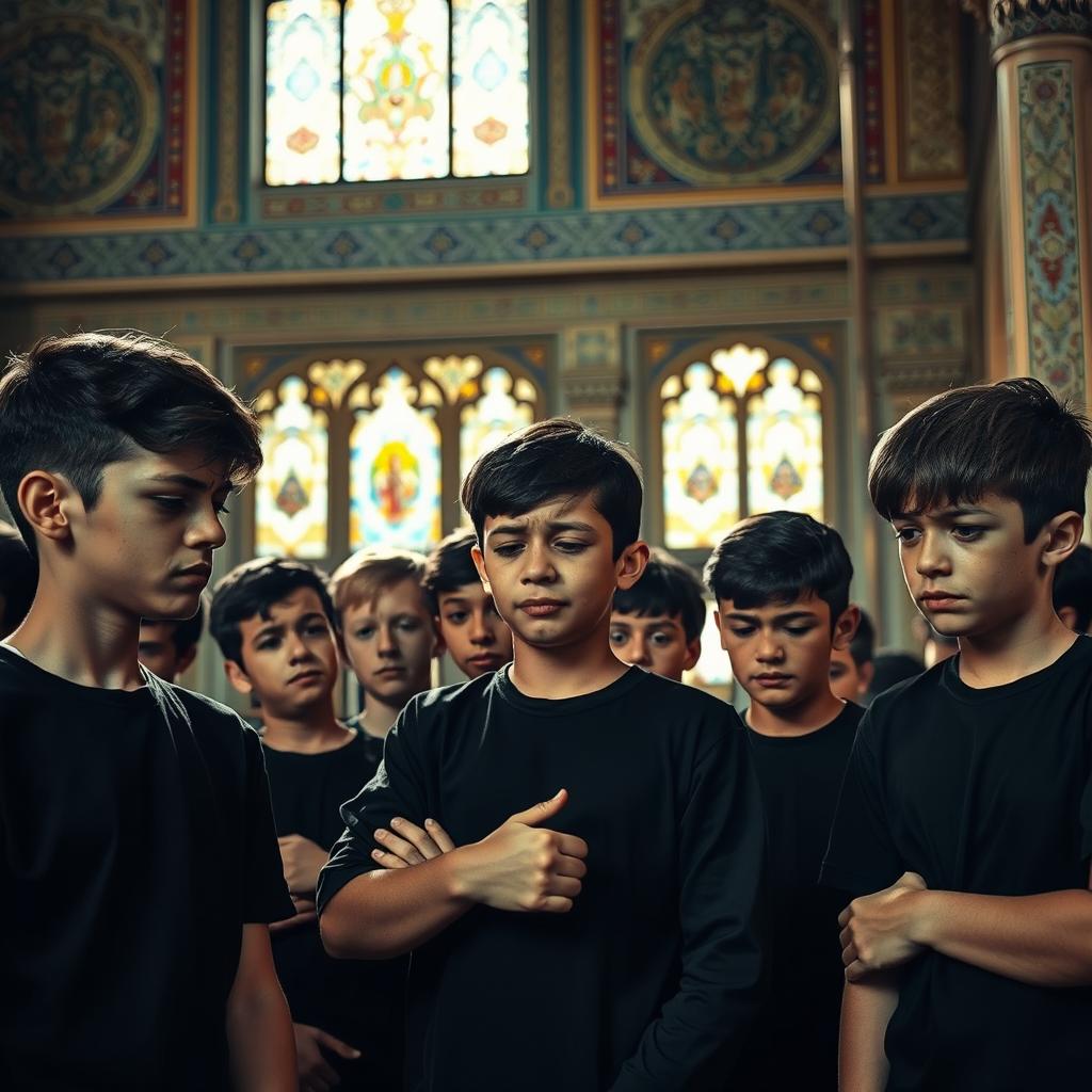 An engaging and dynamic scene depicting several sad teenage boys wearing black shirts, capturing their emotional expressions as they cry in an Iranian mosque