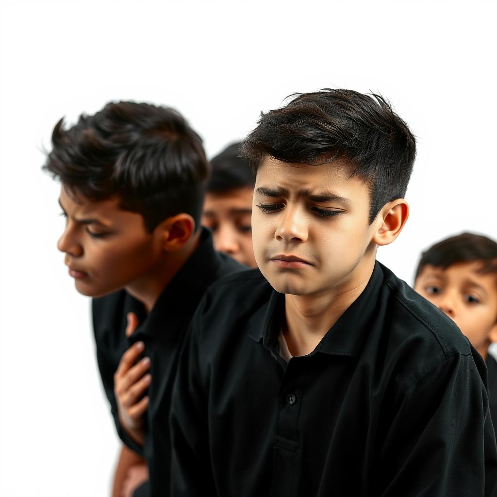A dynamic and engaging image depicting a group of several sad teenage boys in black shirts, crying in grief for Imam Hoseyn
