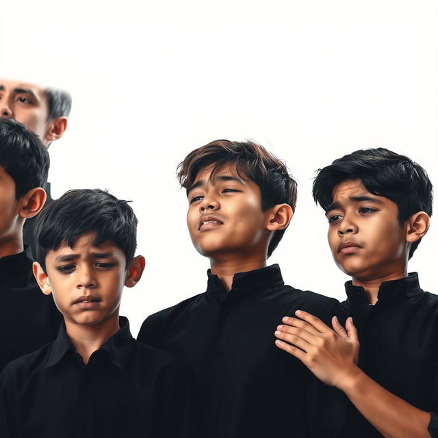 A dynamic and engaging image depicting a group of several sad teenage boys in black shirts, crying in grief for Imam Hoseyn