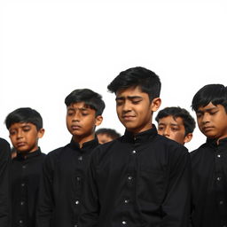 A dynamic and engaging image depicting a group of several sad teenage boys in black shirts, crying in grief for Imam Hoseyn