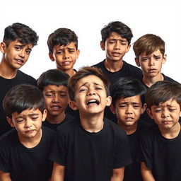 An engaging and dynamic scene depicting ten sad teenage boys in black shirts, all crying in a heartfelt expression of grief for Imam Hoseyn