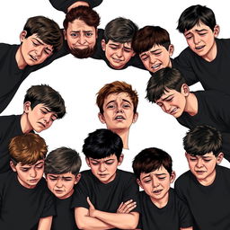 An engaging and dynamic scene depicting ten sad teenage boys in black shirts, all crying in a heartfelt expression of grief for Imam Hoseyn