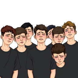 An engaging and dynamic scene depicting ten sad teenage boys in black shirts, all crying in a heartfelt expression of grief for Imam Hoseyn
