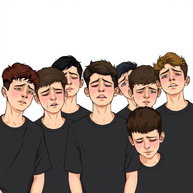 An engaging and dynamic scene depicting ten sad teenage boys in black shirts, all crying in a heartfelt expression of grief for Imam Hoseyn