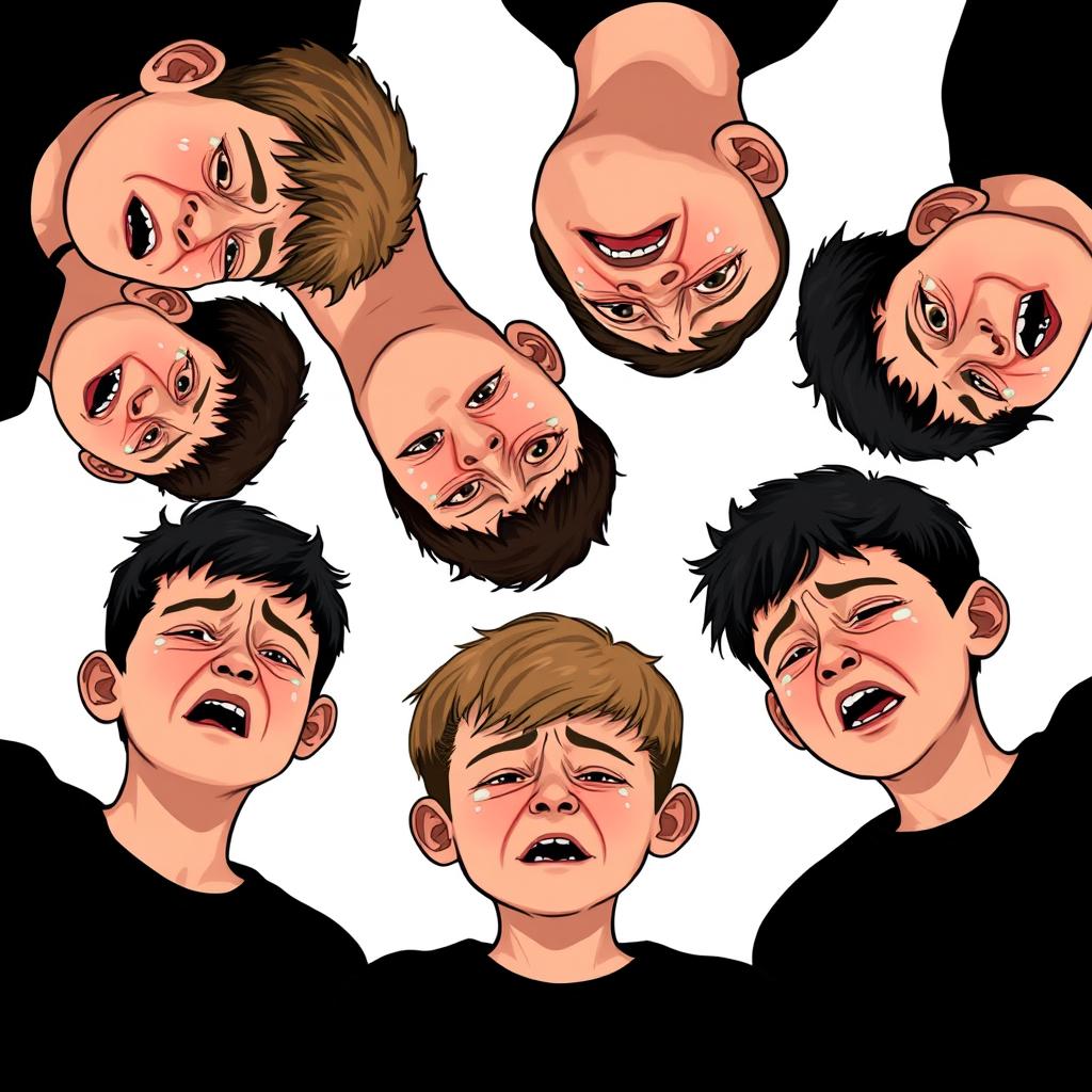 An engaging and dynamic scene depicting ten sad teenage boys in black shirts, all crying in a heartfelt expression of grief for Imam Hoseyn