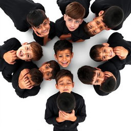 An engaging and dynamic image featuring ten sad teenage boys wearing black shirts, all crying as a tribute for Imam Hoseyn