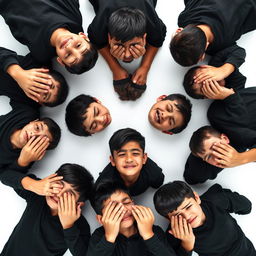 An engaging and dynamic image featuring ten sad teenage boys wearing black shirts, all crying as a tribute for Imam Hoseyn