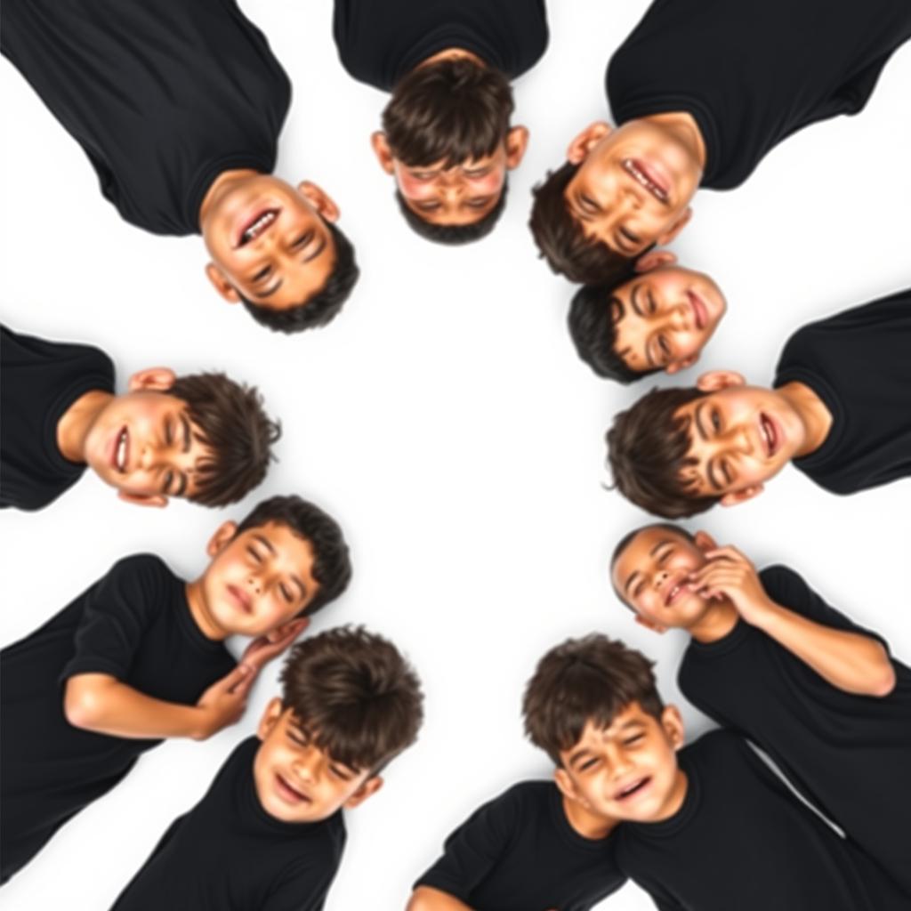 An engaging and dynamic image featuring ten sad teenage boys wearing black shirts, all crying as a tribute for Imam Hoseyn