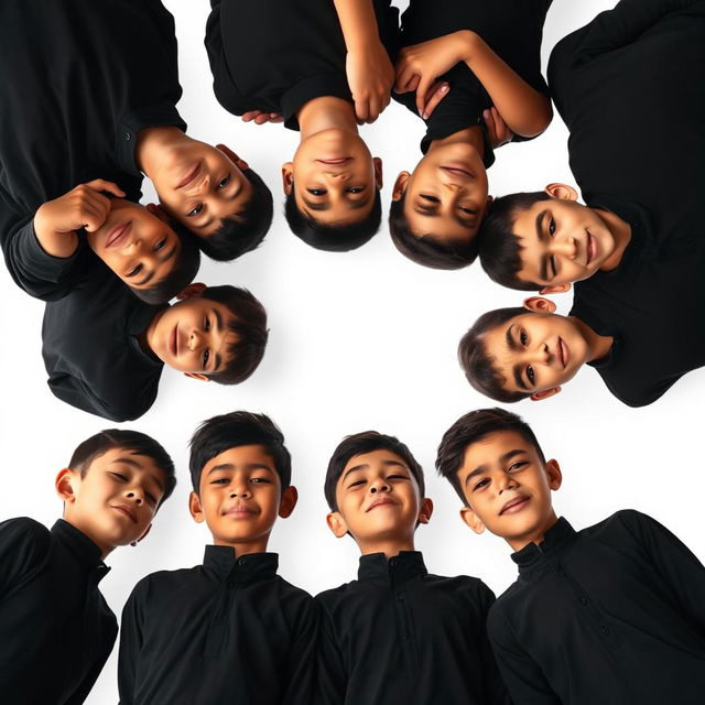 An engaging and dynamic image featuring ten sad teenage boys wearing black shirts, all crying as a tribute for Imam Hoseyn