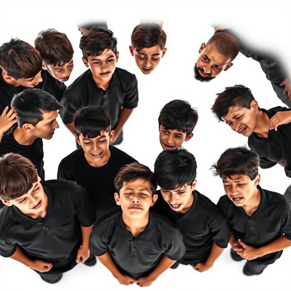 A visually striking image of several Iranian teenage boys wearing black shirts, standing in a circle