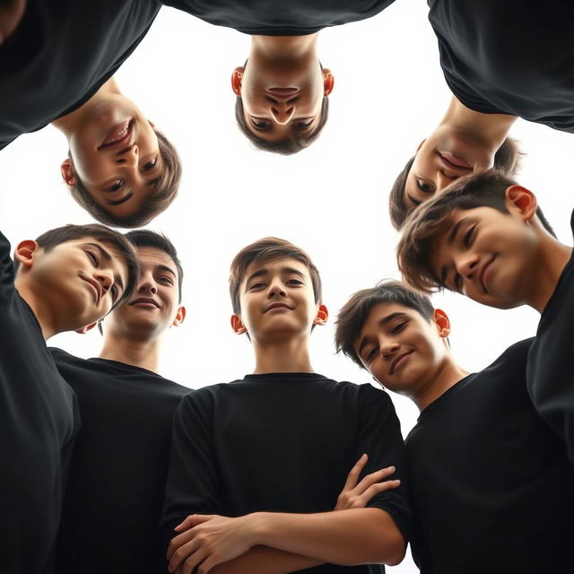 A visually striking image of several Iranian teenage boys wearing black shirts, standing in a circle
