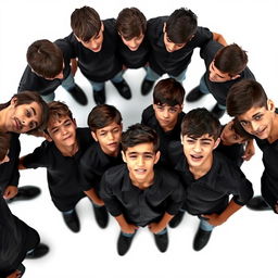 A visually striking image of several Iranian teenage boys wearing black shirts, standing in a circle