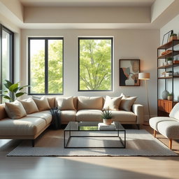 A beautifully staged modern interior design of a cozy living room