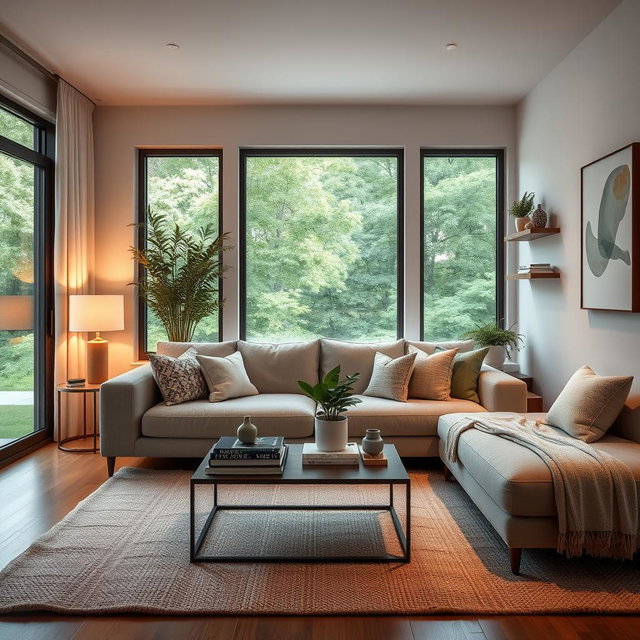 A beautifully staged modern interior design of a cozy living room