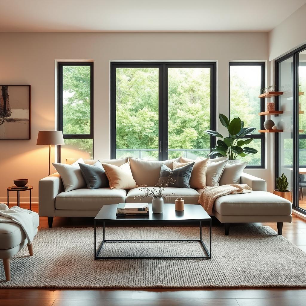 A beautifully staged modern interior design of a cozy living room