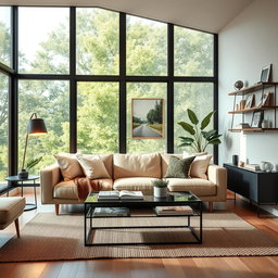 A beautifully staged modern interior design of a cozy living room