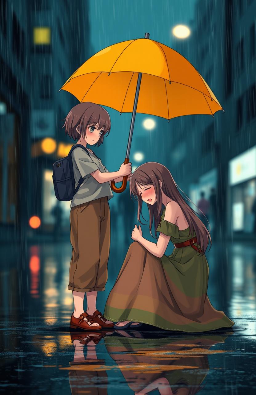 A scene in the rain featuring a tomboy girl with short hair dressed in casual, slightly baggy clothes, standing with a bright umbrella