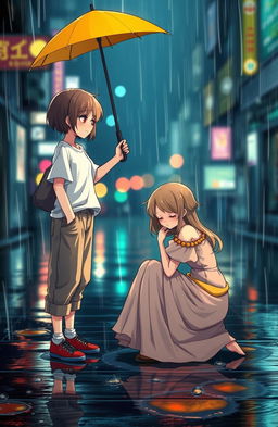 A scene in the rain featuring a tomboy girl with short hair dressed in casual, slightly baggy clothes, standing with a bright umbrella