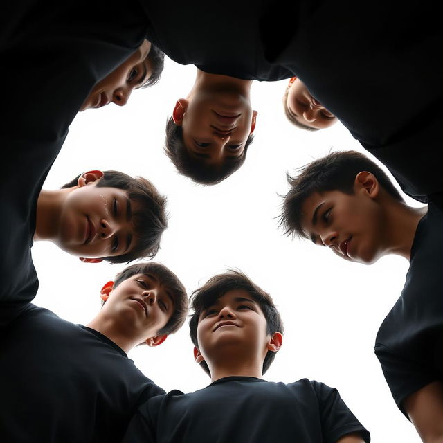 A poignant scene featuring several Iranian teenage boys dressed in black shirts, standing in a circular formation