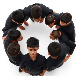 A poignant scene featuring several Iranian teenage boys dressed in black shirts, standing in a circular formation