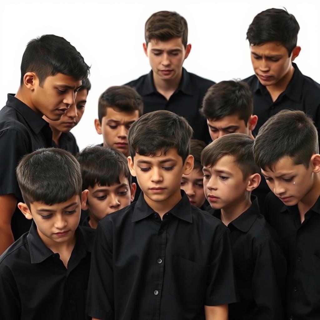 A poignant scene featuring several Iranian teenage boys dressed in black shirts, standing in a circular formation