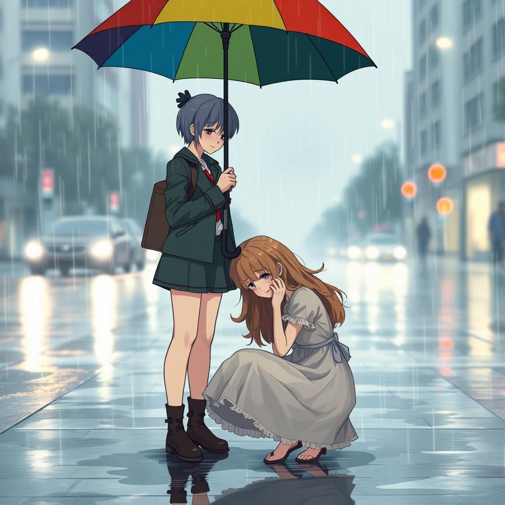 A scene in the rain featuring a tomboy woman with short hair dressed in a stylish, androgynous outfit, standing with a colorful umbrella