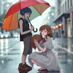 A scene in the rain featuring a tomboy woman with short hair dressed in a stylish, androgynous outfit, standing with a colorful umbrella