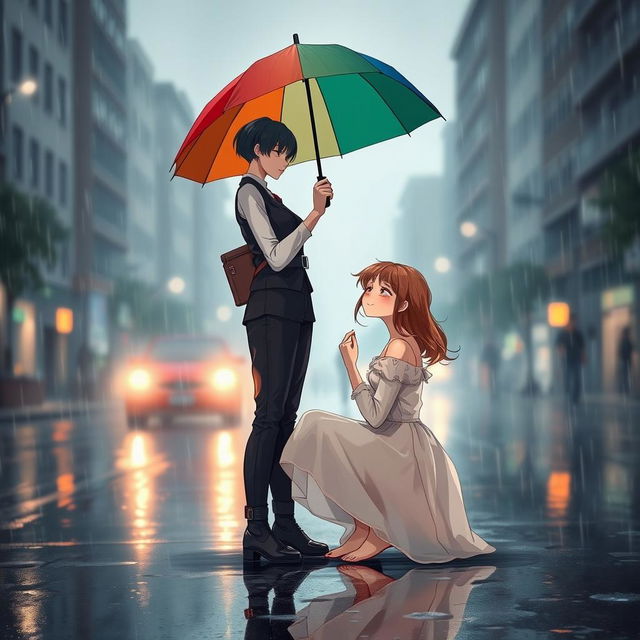 A scene in the rain featuring a tomboy woman with short hair dressed in a stylish, androgynous outfit, standing with a colorful umbrella